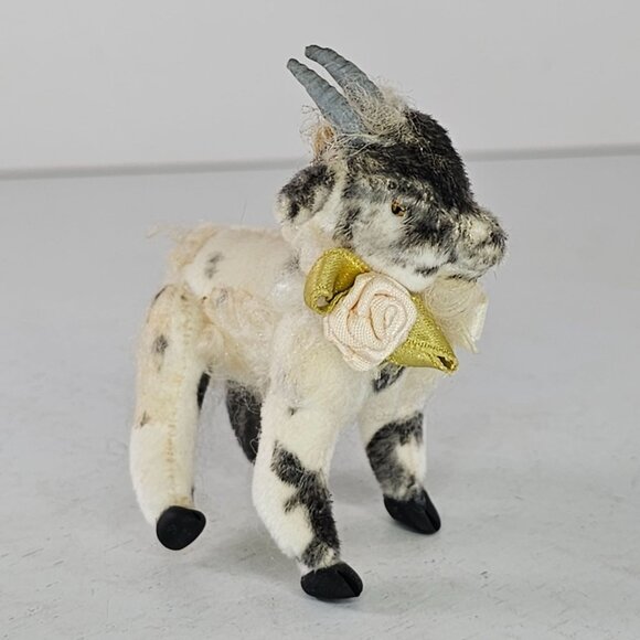 Vintage Articulated Goat Figurine Bow Flower Black White Realistic Mohair Felt - Picture 2 of 8